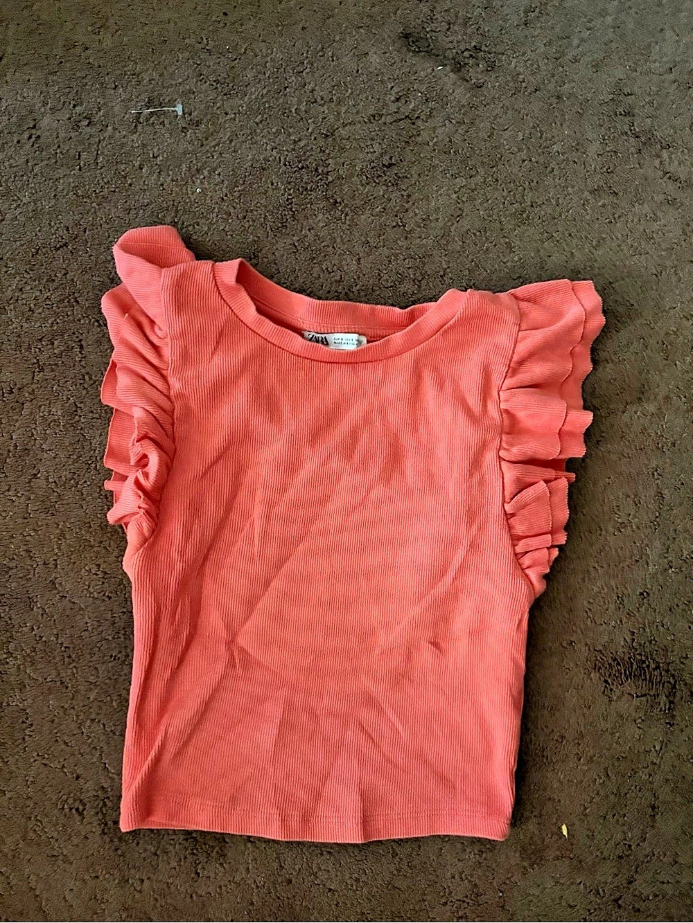Zara Ribbed Ruffle Sleeve Top in Pink Size Medium